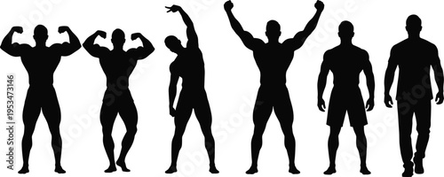 Bodybuilder and athletic male silhouettes set showing muscle poses strength fitness training and powerful physique for sports and gym concept