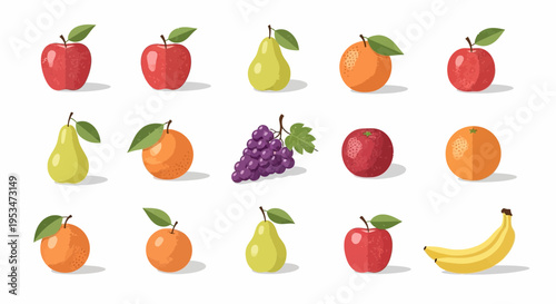 Assorted Fresh Fruits Collection: Apples, Pears, Oranges, Grapes, Banana - Healthy Food Icons