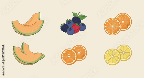 Assorted Fresh Fruits: Cantaloupe, Berries, Oranges, and Lemons Slices