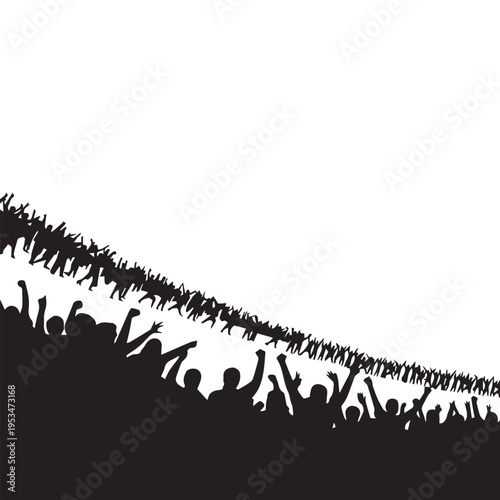 Crowd of people cheering and celebrating at concert or festival, silhouette raised hands in air, vibrant atmosphere, happy moment