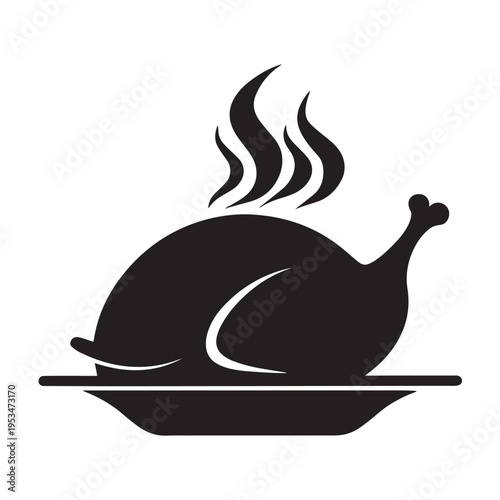 Roasted whole chicken on a platter with steam rising, black and white icon on transparent background