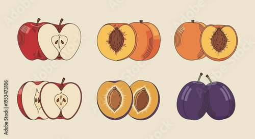Assorted Fresh Fruits Halved and Whole: Apples, Peaches, and Plums