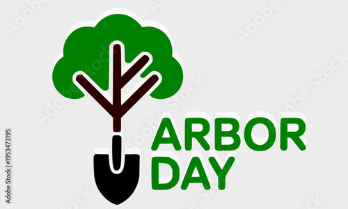 Arbor Day creative logo design with green tree and shovel combination icon on light background, perfect for environmental celebration, tree planting campaigns, gardening awareness