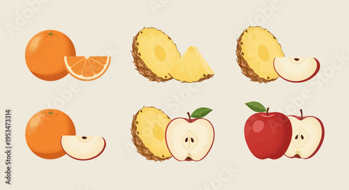 Assortment of Fresh Fruits: Oranges, Pineapples, and Apples, Sliced and Whole
