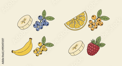 Assortment of Fresh Fruits: Bananas, Berries, Orange Slice, Raspberry, Currants