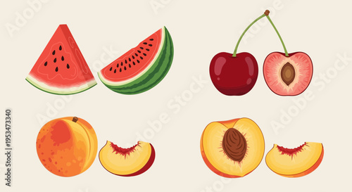 Assortment of Fresh Summer Fruits: Watermelon, Cherries, Peaches, and Slices