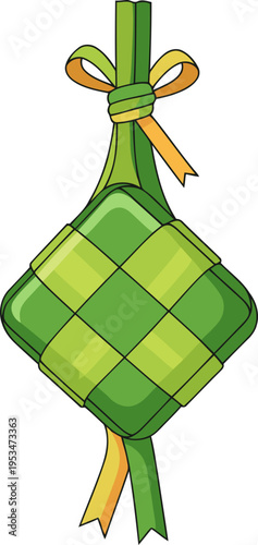 Celebrate Eid with this festive Ketupat illustration! Vibrant green and yellow colors create a joyful and shareable design. Perfect for greeting cards and social media.