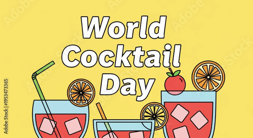 Colorful illustration of cocktails with ice and fruit on world cocktail day three glasses on yellow background