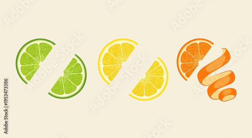 Citrus Fruit Slices: Lime, Lemon, and Orange Peel on Beige Background