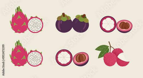 Exotic Fruits Assortment: Dragon Fruit, Mangosteen, Lychee - Healthy Tropical Food
