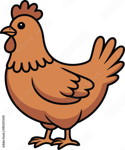 Brown hen vector illustration, cute chicken cartoon bird character isolated on white background, farm animal flat design icon.