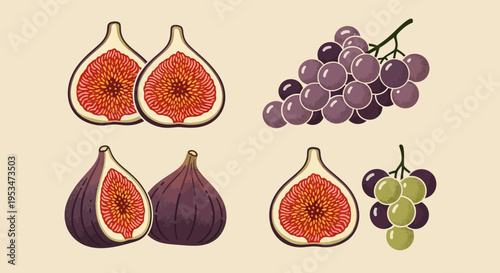 Fresh Figs and Grapes Assortment: Whole and Halved Fruits on Beige Background