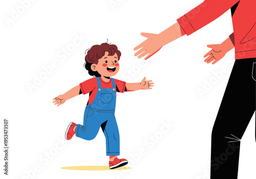 A joyful boy runs towards his parent for a warm embrace. Bright colors and a soft, inviting style create a heartwarming scene. Perfect for family and love themes.