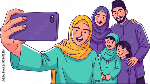 A joyful family takes a selfie during Eid, capturing a cherished memory. Vibrant colors and warm expressions highlight family connection. Perfect for celebrations and family themes.