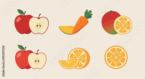 Fresh Fruits and Vegetables Icons: Apples, Oranges, and Carrot Slices