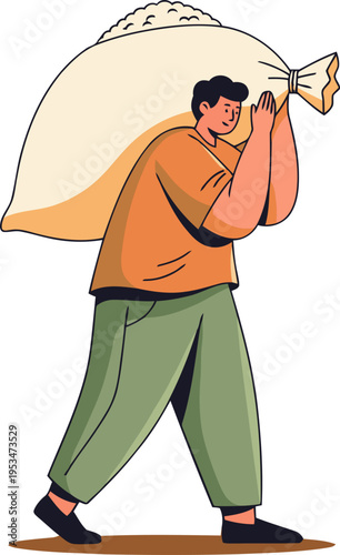 A young man carries a large rice sack, conveying a sense of hard work and rural life. Simple, graphic illustration style. Suitable for food or lifestyle themes.