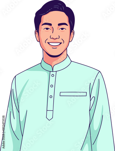 Smiling young man in traditional Eid attire. Vibrant illustration style. Perfect for greetings and celebrations.  ?Baju Baru Eid Shine?