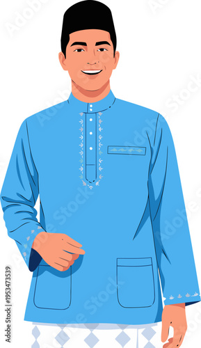 A smiling young man in a blue baju baru shirt and batik shorts celebrates 'Baju Baru Eid Shine'.  Bright, cheerful illustration suitable for festive marketing.