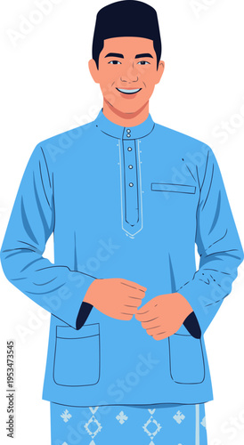 Smiling young man in traditional baju baru Eid attire. Vibrant colors, friendly expression, perfect for festive greetings and cultural illustrations.  Clean background.