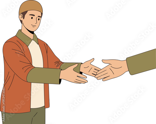 A Muslim man offers a handshake with forgiveness, symbolizing Salam Handshake. Warm colors and a simple composition create a positive and approachable image.