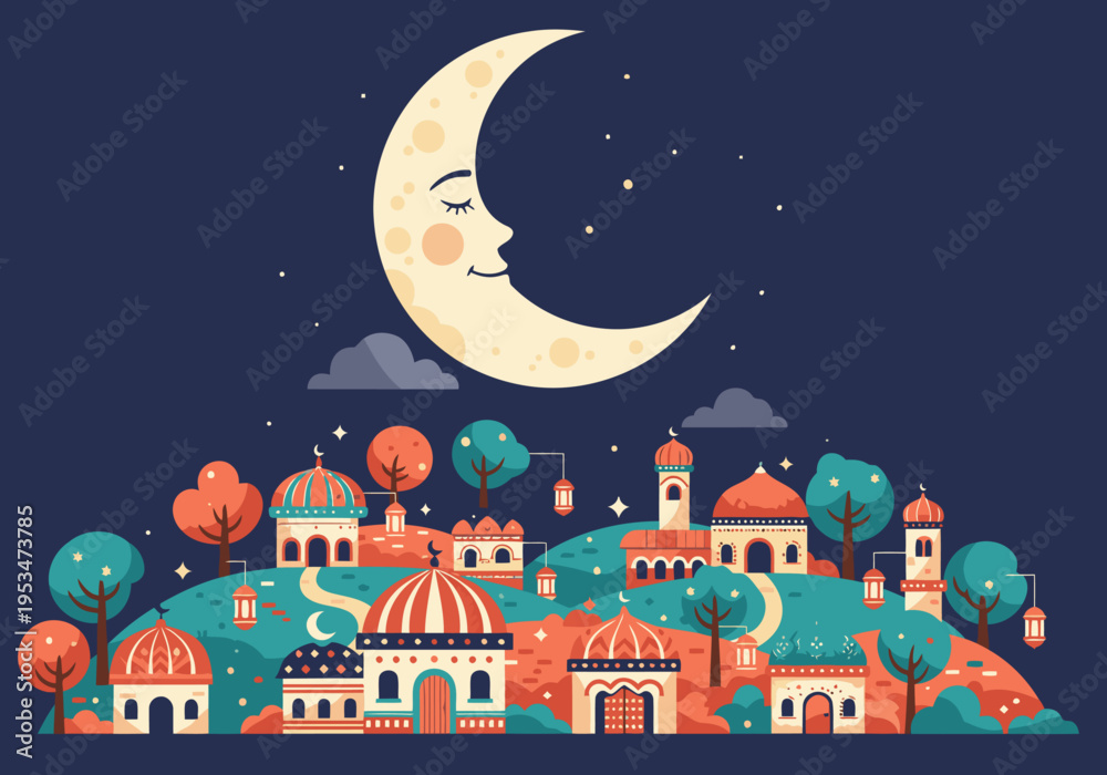 Fototapeta premium A whimsical Eid night scene featuring a crescent moon village under a starry sky. Charming architecture and lanterns create a magical, festive atmosphere. Perfect for holiday illustrations.