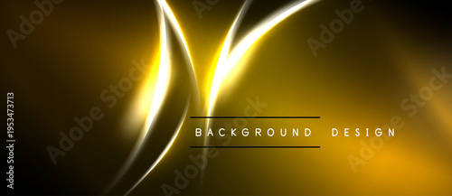 Abstract golden lines create dynamic flow. Dark background emphasizes bright, elegant design elements. Simple text reads background design.