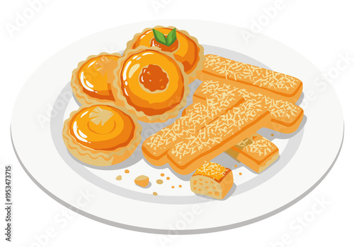A vibrant plate of 'Kue Lebaran' sweet treats ? tarts and biscuits ? showcases a delicious Malaysian festive dessert. Perfect for food, celebration, and holiday imagery.