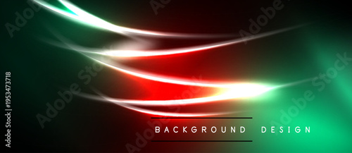 Abstract neon lines create dynamic flow. Dark background emphasizes vibrant red, green hues. Modern design element.
