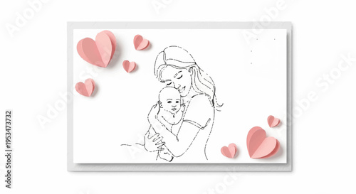 Tender moment of a woman hugging a cat surrounded by pink hearts on a white background