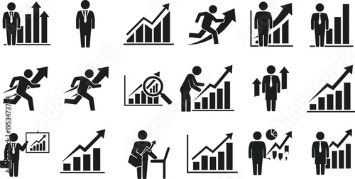 Business growth icons set with people charts arrows and analytics symbols representing success progress finance and corporate development concepts