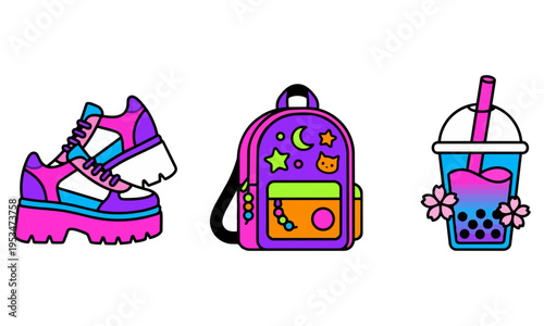 Harajuku pop style fashion items sneakers backpack and bubble tea set