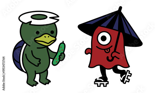 Japanese folklore yokai monsters kappa and karakasa kozou vector illustration set