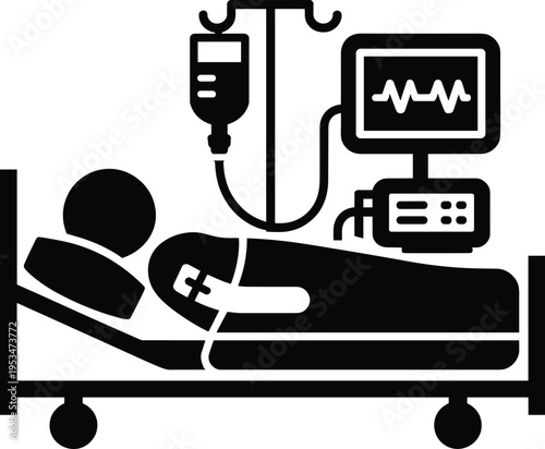 Vector illustration of a patient in hospital bed with medical equipment