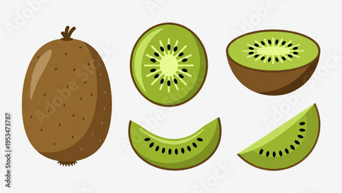 Illustration of whole and cut kiwi fruit icon on plain background 