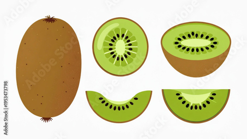 Illustration of whole and cut kiwi fruit icon on plain background 