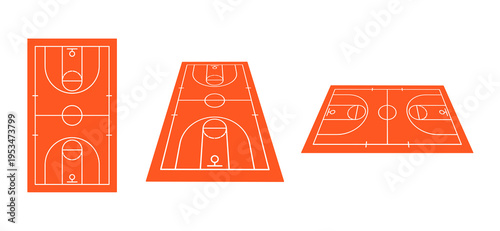 Minimal basketball court layout set in top and perspective views. Clean line vector design perfect for sports graphics, infographics, templates, and game field illustrations.