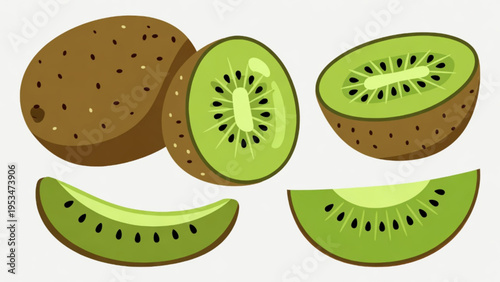 Illustration of whole and cut kiwi fruit icon on plain background 