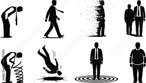 Businessman transformation silhouettes set showing stress failure success change and growth concepts with abstract effects for corporate life and psychology