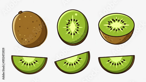 Illustration of whole and cut kiwi fruit icon on plain background 
