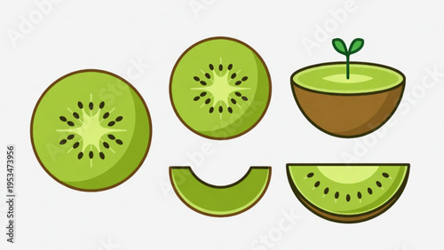 Illustration of whole and cut kiwi fruit icon on plain background 