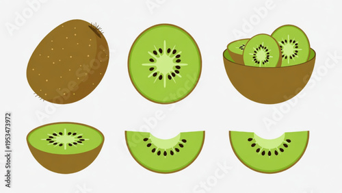 Illustration of whole and cut kiwi fruit icon on plain background 