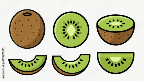 Illustration of whole and cut kiwi fruit icon on plain background 