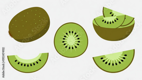 Illustration of whole and cut kiwi fruit icon on plain background 