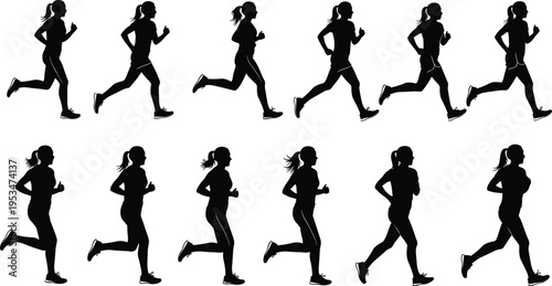 Female running silhouettes set showing jogging and fitness activity poses for workout training exercise and healthy active lifestyle concept