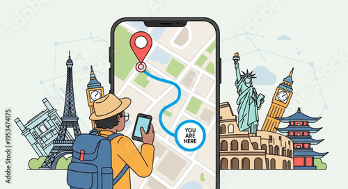 Traveler Using Mobile App for Navigation with World Landmarks.