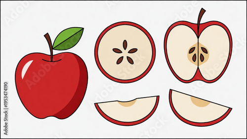 Illustration of a whole and sliced red apple icon on a plain background. 