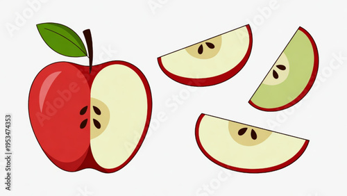 Illustration of a whole and sliced red apple icon on a plain background. 