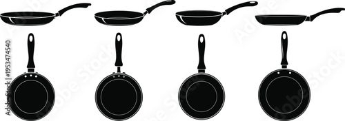 Frying pan silhouettes set with top and side views of cookware for kitchen cooking utensils and food preparation design