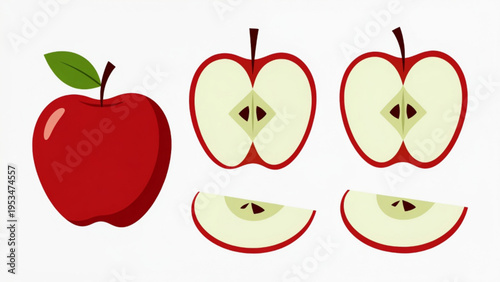 Illustration of a whole and sliced red apple icon on a plain background. 