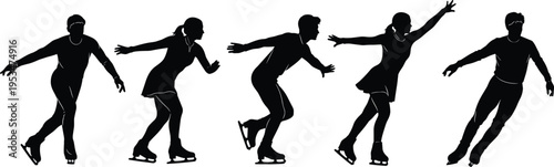 Ice skating silhouettes set with male and female skaters performing motion poses for winter sport activity and athletic movement design